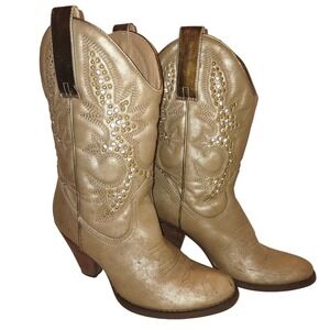 Very Volatile Brown Western Cowboy Boots Womens 8 Metallic Rhinestone Embroider